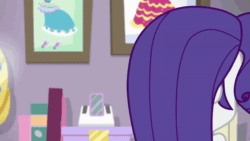 Size: 800x450 | Tagged: safe, screencap, rarity, do it for the ponygram!, equestria girls, g4, my little pony equestria girls: better together, animated, annoyed, female, geode of shielding, gif, looking at something, magical geodes, messy hair, pose, rarity's bedroom, shocked, solo, that did not go as expected