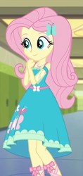 Size: 380x803 | Tagged: safe, screencap, fluttershy, do it for the ponygram!, equestria girls, g4, my little pony equestria girls: better together, cropped, cute, female, fluttershy boho dress, geode of fauna, hallway, jewelry, magical geodes, necklace, shyabetes, sleeveless, solo