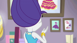 Size: 800x450 | Tagged: safe, screencap, rarity, do it for the ponygram!, equestria girls, g4, my little pony equestria girls: better together, alternate hairstyle, animated, confused, eyeshadow, female, geode of shielding, gif, hair dryer, hairstyle swap, magical geodes, makeup, pinkie pie hair, rarity's bedroom, smiling, solo, static, what the hay?