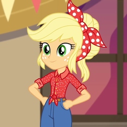 Size: 1080x1080 | Tagged: safe, screencap, applejack, do it for the ponygram!, equestria girls, g4, my little pony equestria girls: better together, clothes, cropped, female, freckles, hand on hip, jeans, pants, smiling