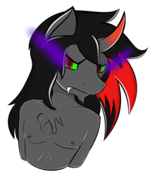 Size: 1739x2040 | Tagged: safe, artist:skyspeardraw, king sombra, oc, oc:prince shadow, anthro, g4, bust, corrupted, male, male nipples, nipples, nudity, transformation