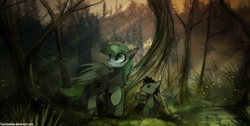 Size: 1200x607 | Tagged: safe, artist:foxinshadow, oc, oc only, pegasus, pony, crepuscular rays, forest, plushie, raised hoof, scenery