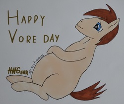 Size: 3832x3216 | Tagged: safe, artist:awgear, derpibooru exclusive, oc, oc:polished gear, pony, blue eyes, brown mane, brown tail, fetish, high res, implied death, implied digestion, male, smiling, traditional art, vore, vore day