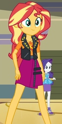 Size: 540x1080 | Tagged: safe, screencap, rarity, sunset shimmer, do it for the ponygram!, equestria girls, equestria girls series, g4, spoiler:eqg series (season 2), background human, canterlot high, clothes, cropped, cute, duo, female, geode of empathy, jewelry, leather, leather vest, legs, magical geodes, necklace, shimmerbetes, shoulderless shirt, skirt, solo focus, vest, wide stance