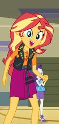 Size: 520x1080 | Tagged: safe, screencap, rarity, sunset shimmer, do it for the ponygram!, equestria girls, g4, my little pony equestria girls: better together, background human, bracelet, clothes, cropped, geode of empathy, geode of shielding, jewelry, leather vest, looking at you, magical geodes, nailed it, necklace, open mouth, open smile, rarity peplum dress, shoulderless shirt, skirt, smiling, smiling at you, solo focus, spikes