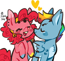 Size: 589x551 | Tagged: safe, artist:pcktknife, pinkie pie, rainbow dash, earth pony, pegasus, pony, g4, cheek kiss, duo, female, freckles, heart, kissing, lesbian, mare, safe chest fluff, ship:pinkiedash, shipping