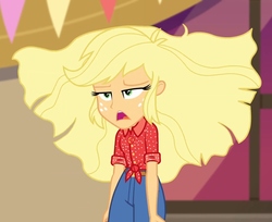 Size: 1324x1080 | Tagged: safe, screencap, applejack, do it for the ponygram!, equestria girls, g4, my little pony equestria girls: better together, applejack is not amused, cropped, poofy hair, unamused