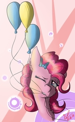 Size: 800x1300 | Tagged: safe, artist:yuris, pinkie pie, earth pony, pony, g4, abstract background, balloon, bow, female, hair bow, head tilt, mare, mouth hold, one eye closed, solo