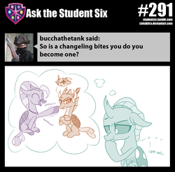 Size: 800x787 | Tagged: safe, artist:sintakhra, ocellus, silverstream, smolder, changedling, changeling, tumblr:studentsix, g4, ..., boop, changedlingified, changelingified, jewelry, necklace, post-it, silverfish, smolder is not amused, species swap, thinking, thought bubble, unamused, wiggle