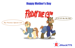 Size: 2376x1520 | Tagged: safe, artist:jhock775, button mash, oc, oc:cream heart, earth pony, pony, g4, balding, clothes, cream heart and button mash:best mother and son, earth pony oc, female, friday the 13th, hockey mask, jacket, jason voorhees, knife, machete, male, mare, mask, mother and child, mother and son, mother's day, older, older button mash, pamela voorhees, simple background, stallion, sweater, text, white background, word bubble
