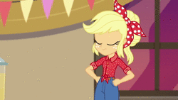 Size: 1920x1080 | Tagged: safe, screencap, applejack, do it for the ponygram!, equestria girls, equestria girls series, five to nine, g4, spoiler:eqg series (season 2), animated, annoyed, applejack is not amused, bandana, blonde, blooper, eyes closed, female, freckles, geode of super strength, loose hair, magical geodes, oh apple fudge, poofy hair, smiling, solo, sound, talking, unamused, webm