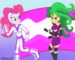 Size: 4000x3200 | Tagged: safe, artist:tabrony23, fili-second, mane-iac, pinkie pie, sunset shimmer, equestria girls, equestria girls specials, g4, my little pony equestria girls: movie magic, ass, butt, clothes, cosplay, costume, duo, high res, motion blur, power ponies, show accurate