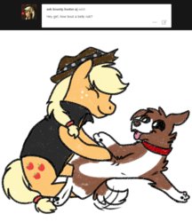 Size: 800x926 | Tagged: safe, artist:askwinonadog, applejack, winona, dog, ask winona, g4, ask, bellyrubs, cute, duo, eyes closed, misleading thumbnail, simple background, smiling, tail wag, tongue out, tumblr, white background