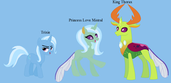 Size: 1420x686 | Tagged: safe, artist:alyssadawnmyers, thorax, trixie, oc, oc:love mistral, changedling, changeling, changepony, hybrid, g4, base used, blue background, family, female, interspecies offspring, king thorax, male, offspring, parent:thorax, parent:trixie, parents:thoraxie, shipping, simple background, straight, thoraxie