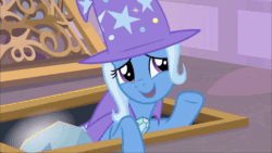 Size: 800x450 | Tagged: safe, screencap, starlight glimmer, trixie, pony, unicorn, g4, the ending of the end, animated, cape, clothes, cute, duo, female, gif, glare, grate, hat, hug, levitation, looking at each other, magic, mare, shipping fuel, smiling, telekinesis, trixie's cape, trixie's hat