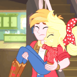 Size: 320x320 | Tagged: safe, screencap, applejack, big macintosh, do it for the ponygram!, equestria girls, five to nine, g4, my little pony equestria girls: better together, animated, applejack's house, blooper, brother and sister, female, gif, male, siblings, sister spinning, song in the comments, spinning, you spin me right round
