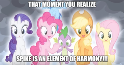 Size: 952x500 | Tagged: safe, edit, edited screencap, screencap, applejack, fluttershy, pinkie pie, rainbow dash, rarity, spike, dragon, earth pony, pegasus, pony, unicorn, g4, the ending of the end, leak, elements of harmony, meme, rainbow power, seventh element, spike the element of harmony, spikelove, text, winged spike, wings