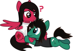 Size: 1304x916 | Tagged: safe, artist:lightningbolt, derpibooru exclusive, earth pony, pegasus, pony, g4, .svg available, bring me the horizon, clothes, confused, duo, duo male, frown, happy, hug, lip piercing, looking at each other, male, mike fuentes, partially open wings, pierce the veil, piercing, ponified, prone, question mark, shirt, show accurate, simple background, sitting, smiling, stallion, svg, t-shirt, tattoo, tom sykes, transparent background, vector, winghug, wings