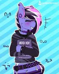 Size: 1280x1597 | Tagged: safe, artist:whisperfoot, oc, oc only, oc:berry frost, bat, anthro, armband, belt, biology, black hair, blushing, book, bottomless, braces, bridge piercing, butt freckles, cheek fluff, choker, clothes, dyed hair, dyed mane, dyed tail, ear fluff, ear freckles, ear piercing, earring, eyebrow piercing, eyeliner, eyes closed, eyeshadow, featureless crotch, femboy, fingernails, freckles, garter belt, gauges, goth, gothic, grin, hand, hoodie, jewelry, lip piercing, lipstick, makeup, male, nail polish, nails, necklace, nwn, owo, partial nudity, piercing, pink hair, simple background, skull, smiling, socks, solo, striped background, striped socks, studded belt, textbook, thigh highs, uwu, younger