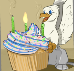 Size: 838x800 | Tagged: safe, artist:scruffasus, oc, oc only, oc:der, griffon, candle, cupcake, fire, food, male, micro, smoke, solo, sprinkles
