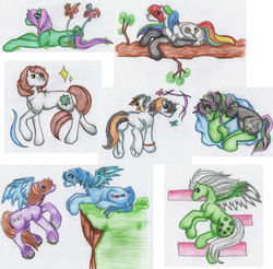 Size: 1969x1938 | Tagged: safe, artist:lilloate, oc, oc only, earth pony, flutter pony, pegasus, pony, unicorn, bow, tail bow, traditional art, unshorn fetlocks
