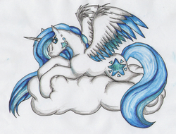 Size: 932x708 | Tagged: safe, artist:lilloate, oc, oc only, alicorn, pony, alicorn oc, cloud, solo, traditional art
