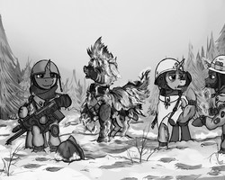 Size: 1500x1200 | Tagged: safe, artist:borsch-zebrovich, oc, oc only, pony, unicorn, zebra, fallout equestria, assault rifle, black and white, corpse, dead, death, eyes closed, fanfic, fanfic art, female, floppy ears, forest, frozen, grayscale, gun, helmet, hooves, horn, male, mare, monochrome, open mouth, raised hoof, rifle, smoking, snow, spruce tree, stallion, tree, weapon, zebra oc