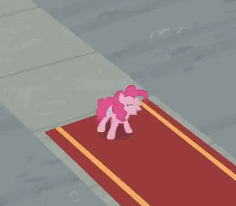 Size: 236x206 | Tagged: safe, screencap, pinkie pie, earth pony, pony, g4, season 9, the last laugh, animated, bipedal, butt, carpet, cute, diapinkes, eyes closed, female, happy, jumping, mare, open mouth, plot, raised hoof, smiling, solo, spinning, talking