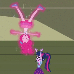 Size: 640x640 | Tagged: safe, screencap, pinkie pie, sci-twi, twilight sparkle, do it for the ponygram!, equestria girls, g4, my little pony equestria girls: better together, animated, clothes, female, geode of sugar bombs, geode of telekinesis, levitation, magic, magical geodes, rah rah skirt, skirt, sound, telekinesis, webm, woohoo