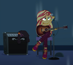 Size: 958x852 | Tagged: safe, screencap, sunset shimmer, equestria girls, g4, let it rain, my little pony equestria girls: better together, acoustic guitar, amplifier, boots, cropped, crossed legs, female, guitar, microphone, microphone stand, musical instrument, shoes, solo, stool