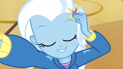 Size: 1920x1080 | Tagged: safe, screencap, trixie, do it for the ponygram!, equestria girls, g4, my little pony equestria girls: better together, barrette, clothes, cute, diatrixes, eyes closed, female, gym, hoodie, selfie, smiling
