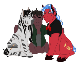Size: 1600x1300 | Tagged: safe, artist:anxiousshadowpetals, oc, oc only, oc:bobby baseline, oc:phillip finder, oc:rain rhythm, hybrid, zony, fanfic:ponyville noire, bowtie, cheek kiss, clothes, didgeridoo, elderly, family, father and son, female, hug, husband and wife, interspecies offspring, kissing, male, mother and son, musical instrument, offspring, smiling, trumpet, vest