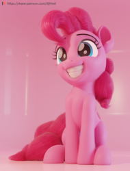 Size: 3289x4320 | Tagged: safe, artist:therealdjthed, pinkie pie, earth pony, pony, g4, 3d, 3d model, blender, blender cycles, cute, cycles render, diapinkes, eyebrows, female, grin, happy, high res, mare, model:djthed, patreon, patreon logo, simple background, sitting, smiling, solo, squee