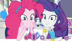 Size: 1920x1080 | Tagged: safe, screencap, pinkie pie, rarity, do it for the ponygram!, equestria girls, g4, spoiler:eqg series (season 2), bracelet, cute, diapinkes, duo, duo female, female, geode of empathy, geode of fauna, geode of shielding, geode of sugar bombs, geode of super speed, geode of super strength, geode of telekinesis, jewelry, lip bite, looking at you, magical geodes, raribetes, rarity's bedroom, smiling, webcam