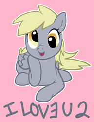 Size: 455x590 | Tagged: artist needed, source needed, safe, derpy hooves, pegasus, pony, g4, cute, derpabetes, female, i love you, looking at you, pink background, simple background, smiling, solo