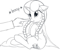 Size: 825x697 | Tagged: safe, artist:mcsadat, oc, oc:anon, oc:marker pony, pony, unicorn, /mlp/, 4chan, boop, braid, cape, clothes, female, hand, horn, mare, mlpg, monochrome, onomatopoeia, scrunchy face, simple background, sitting, sketch, solo, white background