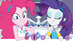 Size: 1920x1080 | Tagged: safe, screencap, pinkie pie, rarity, do it for the ponygram!, equestria girls, g4, my little pony equestria girls: better together, bracelet, cute, diapinkes, duo, duo female, eyes closed, eyeshadow, female, geode of empathy, geode of fauna, geode of shielding, geode of sugar bombs, geode of super speed, geode of super strength, geode of telekinesis, jewelry, looking at you, magical geodes, makeup, raribetes, rarity's bedroom, smiling, webcam