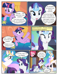 Size: 612x792 | Tagged: safe, artist:newbiespud, edit, edited screencap, screencap, pinkie pie, princess celestia, rarity, twilight sparkle, alicorn, earth pony, pony, unicorn, comic:friendship is dragons, g4, bed, big crown thingy, comic, dialogue, disguise, fake moustache, female, glowing horn, hoof shoes, horn, jewelry, looking up, magic, mare, peytral, raised hoof, regalia, screencap comic, telekinesis, unicorn twilight