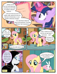 Size: 612x792 | Tagged: safe, artist:newbiespud, edit, edited screencap, screencap, angel bunny, applejack, fluttershy, rarity, twilight sparkle, earth pony, pegasus, pony, rabbit, unicorn, comic:friendship is dragons, g4, animal, book, cloak, clothes, comic, dialogue, eyes closed, female, freckles, glowing horn, golden oaks library, hat, horn, letter, magic, mare, raised hoof, screencap comic, telekinesis, unicorn twilight, wide eyes