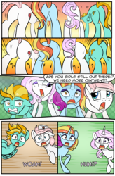 Size: 1800x2740 | Tagged: safe, artist:candyclumsy, fleur-de-lis, lightning dust, nurse redheart, sassy saddles, earth pony, pegasus, pony, unicorn, comic:bad case of sunburn, comic:fusing the fusions, g4, butt, butt expansion, comic, commissioner:bigonionbean, confusion, dialogue, forced, fusion, growth, hat, hospital, large butt, lightning butt, magic, meme, nurse hat, nurse redbutt, plot, potion, random pony, shocked, surprised, swelling, the ass was fat, wide hips, writer:bigonionbean