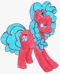 Size: 1222x1510 | Tagged: safe, artist:chromaskunk, pear butter, oc, oc only, earth pony, pony, g4, alternate color palette, female, flower, looking up, mare, smiling, solo, traditional art