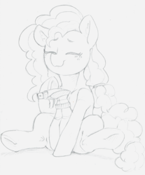 Size: 2484x3000 | Tagged: safe, artist:dimfann, pear butter, earth pony, pony, g4, eyes closed, female, high res, mare, monochrome, sitting, smiling, spray bottle, traditional art, underhoof