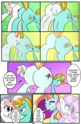 Size: 1800x2740 | Tagged: safe, artist:candyclumsy, lightning dust, nurse redheart, oc, oc:instant care, earth pony, pegasus, pony, unicorn, comic:bad case of sunburn, comic:fusing the fusions, g4, butt, comic, commissioner:bigonionbean, dialogue, forced, fusion, fusion:lightning dust, fusion:nurse redheart, hat, hospital, large butt, lightning butt, magic, merge, merging needed, nurse hat, nurse redbutt, plot, shocked, surprised, swelling, the ass was fat, wide hips, writer:bigonionbean