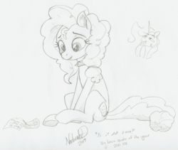 Size: 2767x2334 | Tagged: safe, artist:nadnerbd, pear butter, earth pony, pony, g4, collar, female, grin, high res, letter, looking down, mare, monochrome, sitting, sketch, smiling, solo focus, spiked collar, traditional art