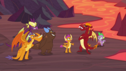 Size: 1920x1080 | Tagged: safe, screencap, billy, clump, garble, smolder, spike, dragon, g4, sweet and smoky, crossed arms, dragoness, female, lava, male, raised eyebrow, spread arms, teenaged dragon