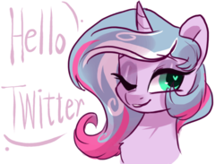 Size: 981x717 | Tagged: safe, artist:lmatt233, oc, oc only, oc:lily matt, pony, unicorn, bust, dialogue, female, heart eyes, mare, one eye closed, simple background, smiling, solo, white background, wingding eyes, wink