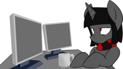 Size: 1479x837 | Tagged: safe, artist:sees, oc, oc only, oc:ada, pony, unicorn, clothes, cup, d'lirium, exploitable meme, meme, monitor, scarf, simple background, solo, table, tired, white background