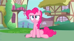 Size: 1280x720 | Tagged: safe, screencap, pinkie pie, earth pony, pony, a friend in deed, g4, season 2, confused, female, mare, pinkie pie is not amused, ponyville, sitting, solo, unamused