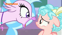 Size: 800x461 | Tagged: safe, screencap, cozy glow, silverstream, hippogriff, pony, g4, what lies beneath, floppy ears, looking at each other, nickelodeon, open mouth