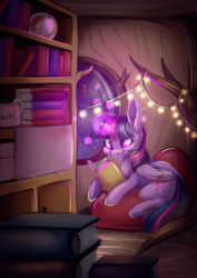 Size: 2481x3508 | Tagged: safe, artist:cutepencilcase, twilight sparkle, alicorn, pony, g4, book, bookshelf, female, glowing horn, golden oaks library, high res, horn, mare, night, reading, sitting, smiling, solo, string lights, twilight sparkle (alicorn)